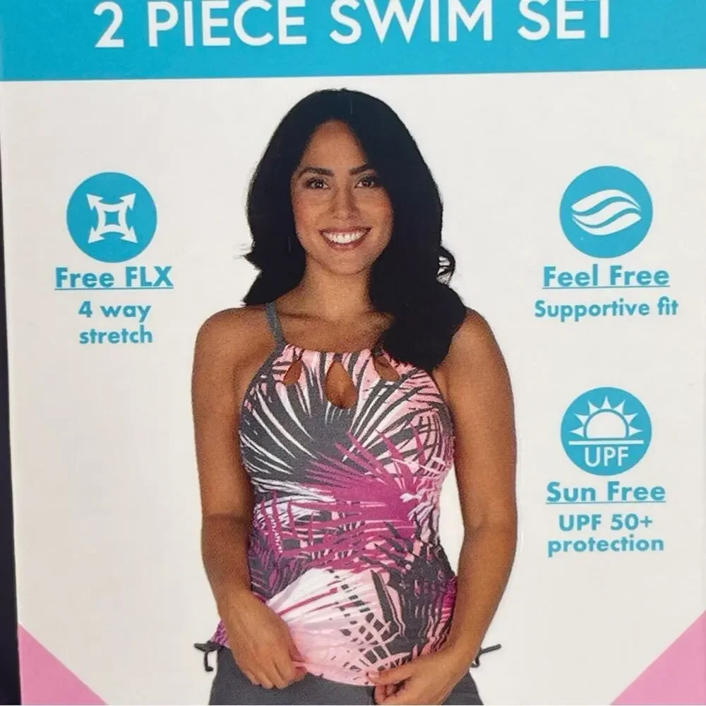 ✨NWT Free Country high-neck tankini top pink, gray, white palm print SMALL
